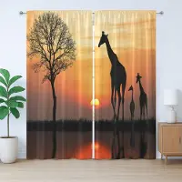 Abakuhaus Afrikaans rustiek gordijn, giraffe in een wild bos, slaapkamergordijn met geplooide band, lussen en haken, 280 x 260 cm, oranje zwart
