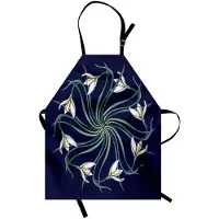 Abakuhaus Bloemenkookschort, Jugendstil etnische bloemmotieven op indigo-achtergrond, natuurthema, kleurvast, in hoogte verstelbaar, wasbaar, heldere digitale druk, indigo, lichtgroen en crème