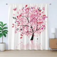 Abakuhaus Rustiek boomgordijn, abstracte boom en bloemen, met lussen en haken voor de woonkamer, 280 x 175 cm, bruin wit roze