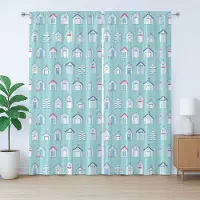 Abakuhaus Rustiek strandgordijn, ontwerp met talloze kleine hutjes, met lussen en haken voor de woonkamer, 280 x 175 cm, zeegroen meerkleurig
