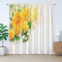 Abakuhaus Geel Rustiek Gordijn, Boeket van Romantische Bloemen, met Bandjes met Lussen en Haken, 280 x 245 cm, Varen Groen Geel Parelmoer