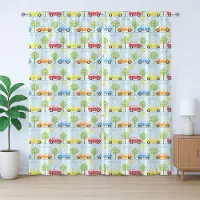 Abakuhaus Rustiek babygordijn, geruit met auto's en bomen, geplooid slaapkamergordijn met lussen en haken, 280 x 260 cm, rood, groen, lichtblauw