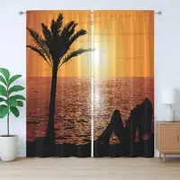 Abakuhaus Retro Rustiek Gordijn, Tropisch Strand met Zonsondergang voor Meisjes, met Lussen en Haken voor de Slaapkamer, 280 x 245 cm, Oranje Zwart