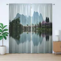 Abakuhaus Rustiek Landschap Gordijn, Japans Meerzicht, Slaapkamergordijn met Geplooide Band, Lussen en Haken, 280 x 175 cm, Groen Paars