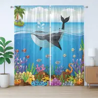 Abakuhaus Rustiek dierengordijn, Walvis in de oceaanplaneet, geplooid slaapkamergordijn met lussen en haken, 280 x 175 cm, donkerblauw oranje