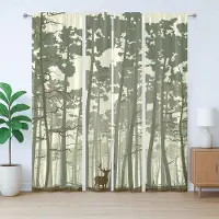 Abakuhaus Rustiek bosgordijn, dennen- en hertenmotief, slaapkamergordijn met geplooide band, lussen en haken, 280 x 175 cm, saliegroen, bruin, crème