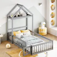 Sweiko Kinderbed, Huisstijl, 90 x 200cm bed, Massief Houten Wieg, Opbergruimte met kledingrek,Volledig beschermende grille en deur, Vlak noedelsframe, Grijs(Geen matras)