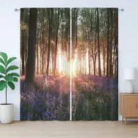 Abakuhaus Rustiek bosgordijn, Zonsopgang in het bos in de lente, met lussen en haken voor de woonkamer, 280 x 260 cm, Paarsgroen