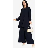 Big Dart Geweven Lange Mouwen Tuniek en Wijde Pantalon Set