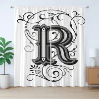 Abakuhaus Rustiek gordijn met de letter R, antieke R-typografie, met lussen en haken voor de woonkamer, 280 x 175 cm, zwart wit grijs