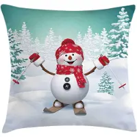 Abakuhaus Kussenhoes – Skiën-Sneeuwman-Bomen – 60x60 cm – Teal/Rood/Wit