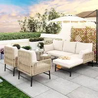 Laura Tuin Loungeset 6 Personen 124x71x80 cm – Modulaire Moderne Rattan Look Loungeset met Verzinkt IJzeren Frame, Dikke 9 cm Kussens, Glazen Tafel en Weerbestendig Outdoor Design –