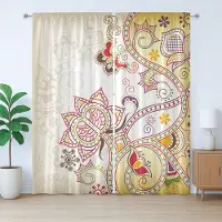 Abakuhaus Rustiek gordijn met bloemenmotief, bloemversieringen, geplooid gordijn met lussen en haken voor de slaapkamer, 280 x 245 cm, wit, geel, rood