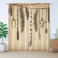 Abakuhaus Tribal Rustic Gordijn, Boheemse Veren, Universele Gordijnen met Bandjes, Lussen en Haken voor de Woonkamer, 280 x 260 cm, Bruin