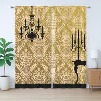 Abakuhaus Damast Rustiek Gordijn, Victoriaanse Stijl Kamer, Woonkamer Universele Gordijnen met Banden, Lussen en Haken, 280 x 175 cm, Geel Zwart