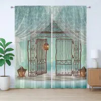 Abakuhaus Retro Rustiek Gordijn, Oude Poort en Gordijn, met Bandjes, Lussen en Haken voor de Woonkamer, 280 x 225 cm, Teal Bruin Wit