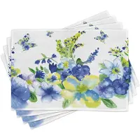 Abakuhaus Geel- en Blauwe placematten, Lentebloemen-aquarel, Bloem – kunstzinnig ontwerp, Tiscjdeco uit kleurvaste stoffen voor eetkamer en keuken, Koningsblauw-lindengroen
