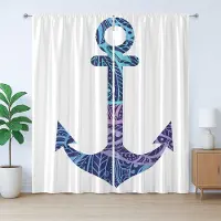 Abakuhaus Rustiek oceaangordijn, anker afbeelding, zee, met lussen en haken voor de woonkamer, 280 x 175 cm, paars en blauw
