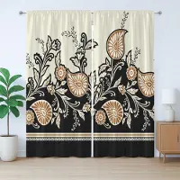 Abakuhaus Bruin Paisley Rustiek Gordijn, Traditioneel Bloemenpatroon, met Bandjes, Lusjes en Haken , 280 x 245 cm, Eierschaal Antracietgrijs