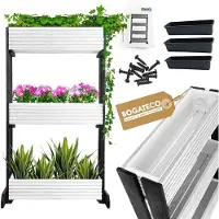 BOGATECO | Set van 3 bloempotten op standaard | Set van 3 bloempot plantenbakken 64x20cm | Houten bloempotten voor tomaten en bloemen, plantenbak voor tuinbalkon | 120cm hoog | Wit