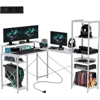 Merax Hoekbureau L-vormig 137 x 140 x 139,5 cm - Bureau met Monitorstandaard - Stopcontact en USB - Computerbureau met Opbergrek - Wit