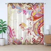 Abakuhaus Kleurrijk rustiek gordijn, bloemen- en paisleyboeket, met lussen en haken voor de woonkamer, 280 x 225 cm, grijs geel meerkleurig