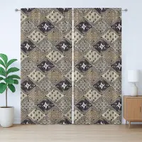 Abakuhaus Aziatisch rustiek gordijn, antiek batikpatroon, slaapkamergordijn met plooien, lussen en haken, 280 x 245 cm, beige/zwart