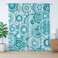 Abakuhaus Rustiek watergordijn, Mandala rond, slaapkamergordijn met plooien, lussen en haken, 280 x 225 cm, turquoise, groenblauw, wit