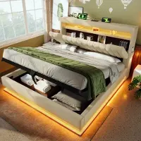 Sweiko Gestoffeerd bed - 140 x 190 cm - LED-verlichting - Opbergruimte - USB/Type-C - Tweepersoonsbed - Linnen - Beige