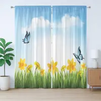 Abakuhaus Rustiek lentegordijn, vlinders en wilde bloemen, geplooid slaapkamergordijn met lussen en haken, 280 x 245 cm, hemelsblauw, geel, groen