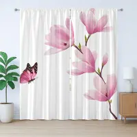 Abakuhaus Natuurlijke rustieke gordijnen, takken, bloesem, met lussen en haken voor de woonkamer, 280 x 225 cm, roze, bordeauxrood