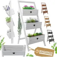 BOGATECO set van 3 bloempotten op standaard 110cm | Set van 3 bloempotten, plantenbakken 40x18cm | Houten bloempot voor tomaten en bloemen, plantenbak voor tuinbalkon