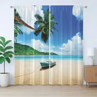Abakuhaus Rustiek oceaangordijn, boot op het strand van Mahé, slaapkamergordijn met lussen en haken, 280 x 225 cm, groenblauw zand