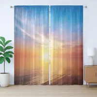 Abakuhaus Sunrise Rustiek Gordijn, Horizon Zeegezicht Baai, met Bandjes en Lussen voor de Woonkamer, 280 x 245 cm, Oranje en Blauw