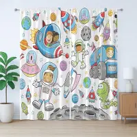 Abakuhaus Cartoon Rustiek Gordijn, Raketmotief Kinderkamer, Gordijn met Plisséband, Lussen en Haken, 280 x 225 cm, Lichtblauw Wit Groen
