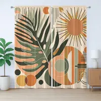 Abakuhaus Monstera Rustiek Gordijn, Bladeren Mid-Century Boho, Slaapkamergordijn met Plooiing, Lusjes en Haken, 280 x 225 cm, Perzik Lichtroze Groen