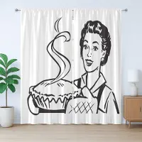 Abakuhaus Vintage Rustiek Gordijn met Vrouw die Taart Bakt, met Bandjes voor de Woonkamer met Lussen en Haken, 280 x 175 cm, Zwart-wit