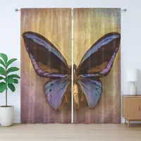 Abakuhaus Rustiek gordijn met vlinders, monarchvlinder, met lussen en haken voor de woonkamer, 280 x 245 cm, geel, paars, bruin