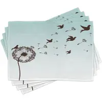 Abakuhaus kunst-placematten: paardenbloem-bloemenarrangement, duiven-silhouetten, fantasy-bloemen bedrukt, tafeldecoratie van kleurvaste stoffen voor eetkamer en keuken, turkoois-bruin