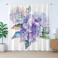 Abakuhaus Rustiek gordijn met aquarelprint, bloeiende hortensia, geplooid gordijn met lussen en haken voor de slaapkamer, 280 x 175 cm, violetblauw