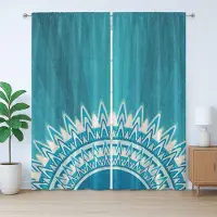 Abakuhaus Mandala Rustiek Gordijn, Oosterse Culturele Ornament, met Bandjes en Lussen voor de Woonkamer, 280 x 245 cm, Petrolblauw Grijs Wit