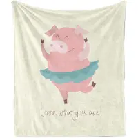 Abakuhaus Zachte flanellen fleece deken met varkentje, 'Love Who You Are' met ballerina, knusse pluche plaid, 125 x 175 cm, ivoor lichtblauw grijs