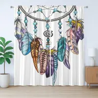 Abakuhaus Rustiek gordijn met veren, gedetailleerde dromenvanger, slaapkamergordijn met lussen en haken, 280 x 175 cm, wit turkoois violet