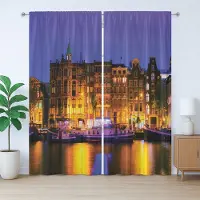 Abakuhaus Nederlands rustiek gordijn, foto van Amsterdam 's nachts, slaapkamergordijn met lussen en haken, 280 x 260 cm, violetblauw meerkleurig