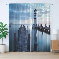 Abakuhaus maritiem rustiek gordijn, vuurtoren op zee bij zonsopgang, met lussen en haken voor de woonkamer, 280 x 245 cm, donkerbruinblauwgrijs