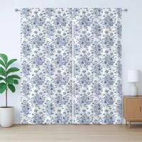 Abakuhaus Rustiek gordijn in blauw en ivoor, Anemonen en Eustoma, geplooid gordijn met lussen en haken voor de slaapkamer, 280 x 225 cm, blauw wit