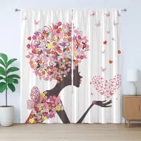 Abakuhaus Rustiek zomergordijn, vlinders en bloemen, geplooid slaapkamergordijn met lussen en haken, 280 x 245 cm, bruin wit roze