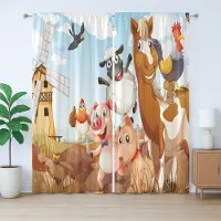 Abakuhaus Rustiek dierengordijn, kunstwerk met boerderijdieren, slaapkamergordijn met plooien en haken, 280 x 225 cm, lichtblauw en bruin