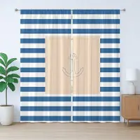 Abakuhaus Rustiek Gordijn met Havenstreep, Maritiem Anker, met Bandjes en Lussen en Haken voor de Woonkamer, 280 x 175 cm, Violet Blauw Perzik Wit