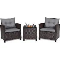 KOMFOTTEU 3-delige Balkonmeubels, rotan tuinzitgroep met salontafel en 2 stoelen, balkontafel met glasplaat, tuinloungeset met kussens, tuinmeubelset voor terras balkon